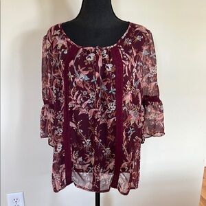 NWOT Lauren Conrad Floral Burgundy Women's Top with 3/4 bell sleeves size XL